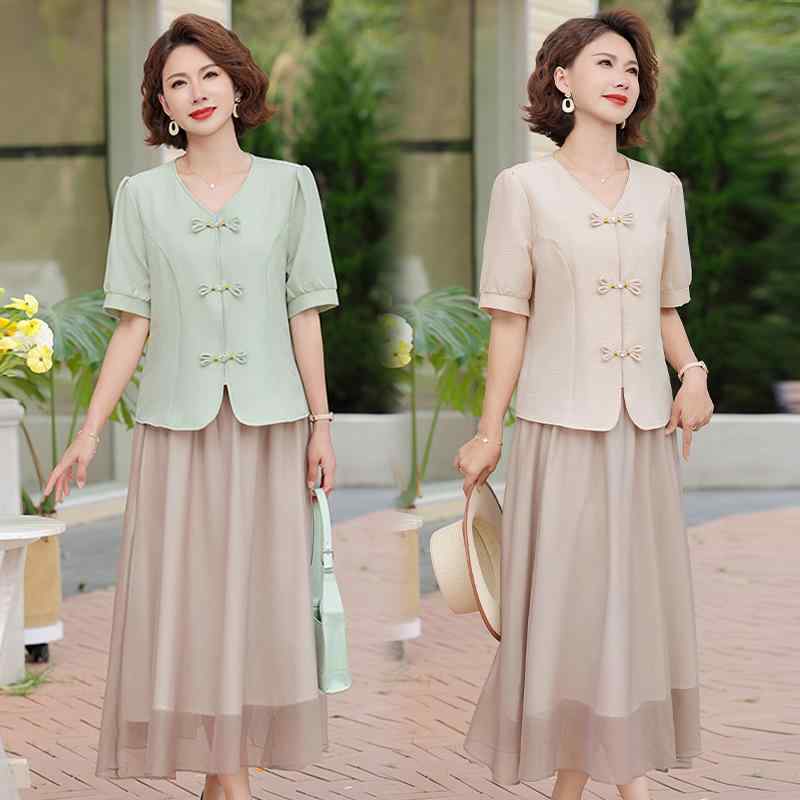 セットアップ レディース ミセス 夏物 チャイナ風 エレガント 上品 半袖 Tシャツ カットソー ロングスカート ミディ丈スカート ツーピース 2点セット カジュアル リラックスウェア ポリエステル カーキ グリーン