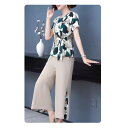 セットアップ レディース ミセス 夏 半袖 シフォン トップス 九分丈パンツ 2点セット 薄手 軽量 普段使い 伸縮性 グリーン ブラック エレガント カジュア...