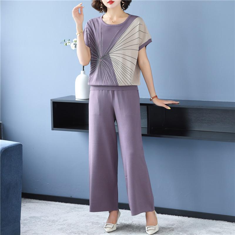 セットアップ レディース ママ ミセス 夏 半袖 Tシャツ ロングパンツ ゆったり カジュアル 2点セット ニット素材 ポリエステル レーヨン ルーズ リラック...
