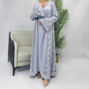 ワンピース レディース イスラム 民族衣装 アラビア カフタン アバヤ ロングローブ ドレス ロング丈 ポリエステル レース 透かし彫り フレアスリーブ ブルー...