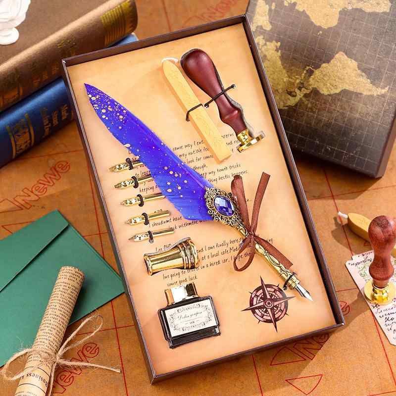 つけペン 羽ペン ヨーロピアン レトロ アンティーク調 クラシック ゴールド装飾 金属製ペン先 学生向け 学業用 誕生日 プレゼント ギフトボックス入り 書斎用...