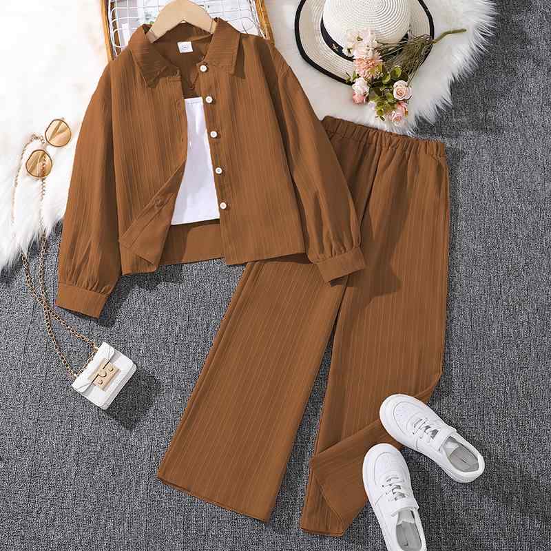 キッズ セットアップ 男女兼用 子供服 ジュニア 襟付き 長袖シャツ トップス ワイドパンツ 2点セット ..