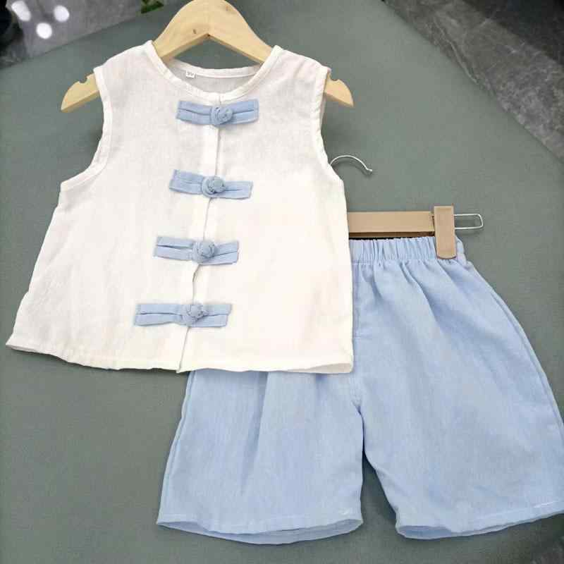 キッズ 男の子 漢服 唐装 中華風 民族衣装 セットアップ ツーピース 薄手 ノースリーブ 夏服 再生繊維 無地 ライトブルー イエローグリーン 普段使い イベント 記念撮影 涼しい 快適