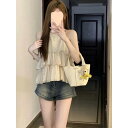 セットアップ レディース ホルターネック 肩開き シフォン ノースリーブ ブラウス デニム ショートパンツ きれいめ 大人カジュアル 2点セット