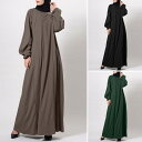 ワンピース レディース イスラム教徒 ムスリム ロング丈 ドレス アバヤ 上品 通勤 無地 ラウンドネック 長袖 ゆったり Aライン フレアシルエット ポリエス...