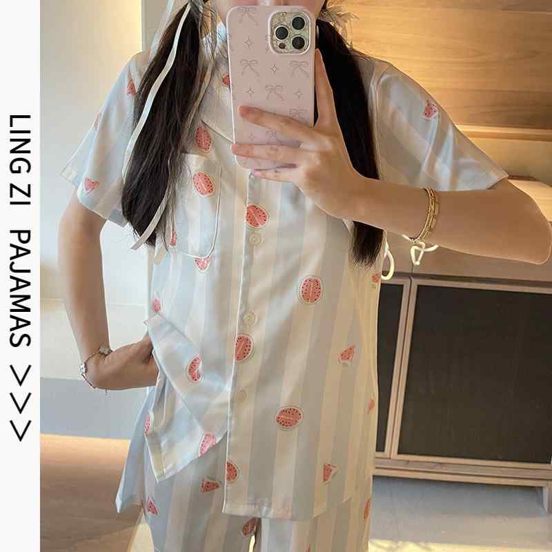 ルームウェア レディース 半袖 ショートパンツ 上下セット 接触冷感 薄手 軽量 ポリエステル スイカ柄 ..