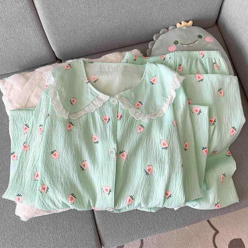 パジャマ レディース ジュニア 韓流 イチゴ柄 ストロベリープリント ルームウェア 長袖 ロングパンツ フリル 襟付き やわらか ポリエステル 薄手 通気性 涼しい 快適 おうち時間 ワンマイルウェア 部屋着 上下セット 春秋