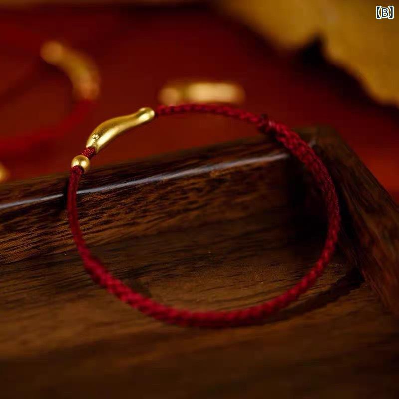 Grams楽天市場店のブレスレット メンズ レディース 錦鯉 金魚 金メッキ 赤い紐 編み込み シンプル 開運 幸運 縁起物 合金製 手編み チャイナ風 アニマルモチーフ レッド アンクレット｜アングル3