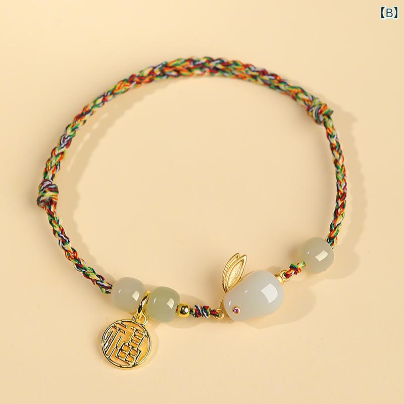 Grams楽天市場店のブレスレット メンズ レディース 和田玉 うさぎ ラビットモチーフ 赤紐 編み込み 幸運 開運 お守り ラッキーアイテム アンクレット カラフル マルチカラー｜アングル3