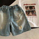 キッズ 男の子 デニムパンツ 五分丈 ショートパンツ ハーフパンツ 薄手 軽量 ダメージ加工 クラッシュ ウエストゴム ミッドライズ コットン 綿 ソフトな肌触り 韓国風 おしゃれ カジュアル レトロ 春夏 ズボン