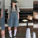 デニム ショートサロペット ジュニア 女の子 カジュアル 綿 コットン オーバーオール ミッドウエスト ウエストゴム ゆったり 着回し おしゃれ トレンド