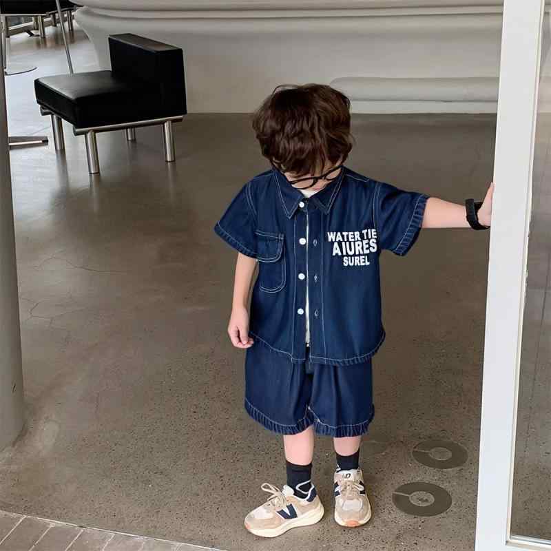 セットアップ 男の子 キッズ 子供服 半袖シャツ ショートパンツ 半ズボン 上下セット 夏服 夏用 綿 薄手 吸湿速乾 無地 アルファベットロゴ カジュアル おしゃれ 普段着 普段使い 通園 通学 お出かけ ブルー