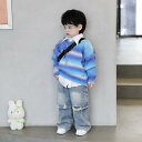 キッズ 男の子 ボーイズ 秋服 セットアップ カジュアル 上下セット ポリエステル 長袖 ニット セーター シャツ ブラウス デニムパンツ ジーンズ ストレートズボン 韓国風 ブルー ホワイト 青 白 通学 お出かけ