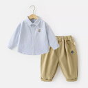 キッズ 男の子 ベビー 幼児 シャツ トップス 長ズボン ロングパンツ セットアップ 上下セット 2点セット 秋物 秋用 カジュアル 綿 コットン キャラクター ストライプ柄 ブルー系 カーキ 普通地