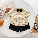 キッズ 男の子 セットアップ 半袖 クマ プリント シャツ ショートパンツ 蝶ネクタイ 2点セット コットン素材 柔らかい肌触り 薄手 カジュアル フォーマル お出かけ着 ベビーウェア 誕生日 発表会 結婚式 七五三 ベージュ