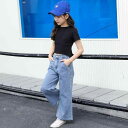 キッズ 女の子 ジュニア カジュアル Tシャツ 半袖 ワイドパンツ デニム 2点セット 夏 綿 コットン 薄手 プルオーバー 韓国風 柔らかい肌触り ゆったり リラックスフィット 長ズボン 普段使い 通学 お出かけ