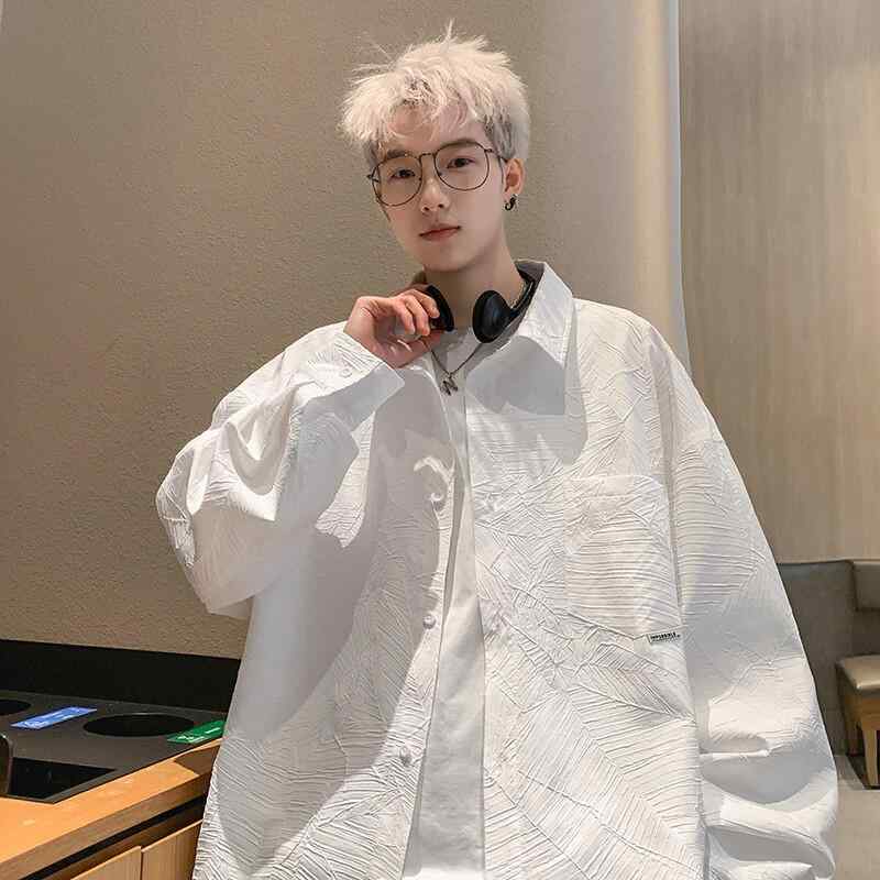 シャツ メンズ 長袖 エンボス加工 テクスチャー デザイン 高級感 オーバーサイズ ゆったり アウター 羽織り カジュアル ファッション ポリエステル ウォッシャブル 春秋 デイリーユース ホワイト ブラック イエロー