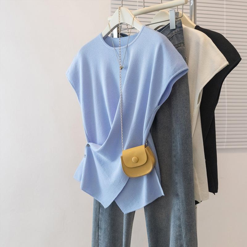 Tシャツ レディース 大きいサイズ 韓国風 おしゃれ ファッション 無地 デザイン アシンメトリー プルオーバー ラウンドネック ノースリーブ コットン スパンデックス カジュアル 普段使い お出かけ ブラック ホワイト アイスブルー
