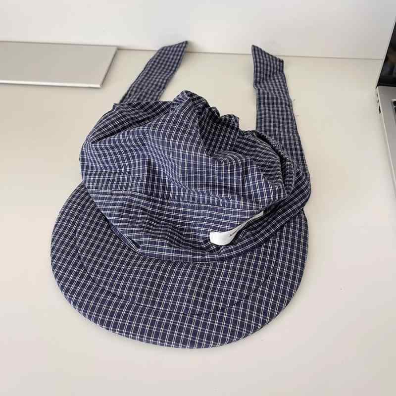 キャップ レディース チェック柄 ターバン風 平つば ベースボールキャップ 薄手 軽量 コットン 綿 通気性 ロゴ刺繍 UVカット 紫外線対策 日よけ 折りたたみ アウトドア 旅行 スポーツ 普段使い ストリートカジュアル ブルー系 ネイビー ホワイト(4)