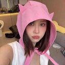ハット レディース 小悪魔 かわいい 猫耳デザイン 日よけ帽子 軽量 薄手 速乾 小顔効果 広つば リボン付き アクリル素材 UV対策 アウトドア レジャー