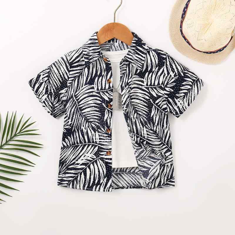 シャツ 男の子 キッズ 夏 半袖 ハワイアン柄 メープルリーフ 総柄 ポリエステル素材 カジュアル トップス 普段着 リゾート 旅行 お出かけ 軽量 吸湿速乾 通気性 涼しい 男児用
