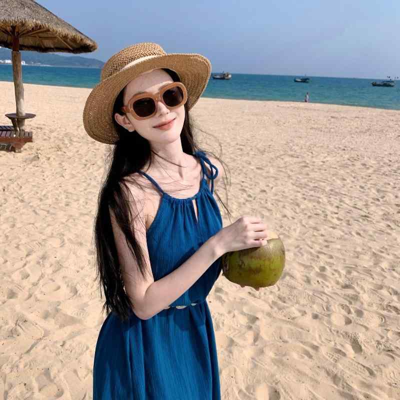 ワンピース レディース ドーパミンカラー クラインブルー ストラップワンピース ノースリーブ 斜め肩 ..