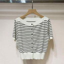 ニットカーディガン レディース 女性用 ボートネック ストライプ柄 半袖 五分袖 シングルボタン 前開き ポリエステル素材 通勤 オフィス カジュアル きれいめ 羽織り トップス ネイビー ベージュ(x2)