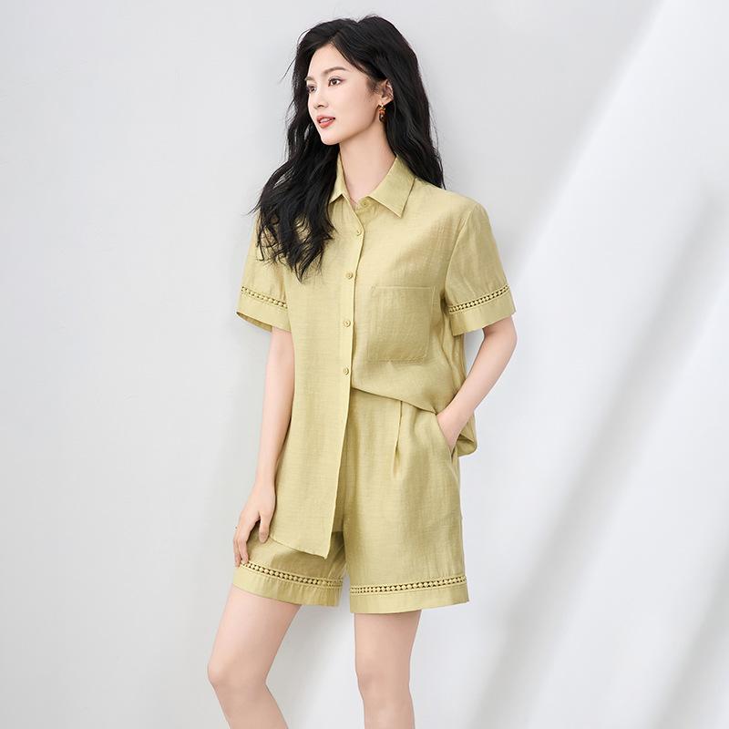 セットアップ レディース テンセル 麻ブレンド シャツジャケット トップス ショートパンツ ボトムス 2点セット ゆったり ルーズ 体型カバー 細見え カジュアル きれいめ 通勤 オフィス フレンチスタイル 夏