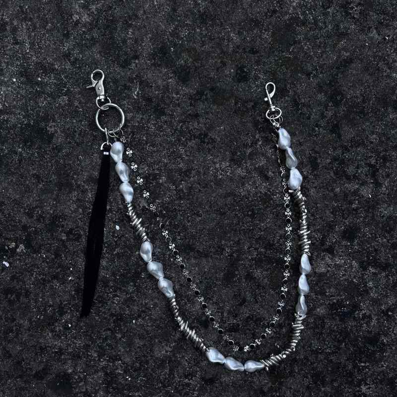 チェーン メンズ レディース オリジナル メタル パール ウエストチェーン パンツチェーン y2k レトロ パンク タッセル ヒップホップ カジュアル スポーティ シンプル 万能スタイル シルバーカラー 細身 PUレザー 合金 電鍍加工 高級感