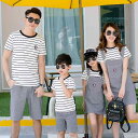 親子服 家族お揃い ファミリー 韓国風 夏物 夏コーデ カジュアル 細ストライプ柄 半袖Tシャツ サロペットスカート ジャンパースカート 薄手 柔らか素材 綿混 コットンブレンド セットアップ(x2)