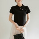 Tシャツ レディース 中国風 新中華風 チャイナボタン ショート丈 半袖 ニット コットン混 ラウンドネック スリムフィット 着痩せ 上品 エレガント トップス...