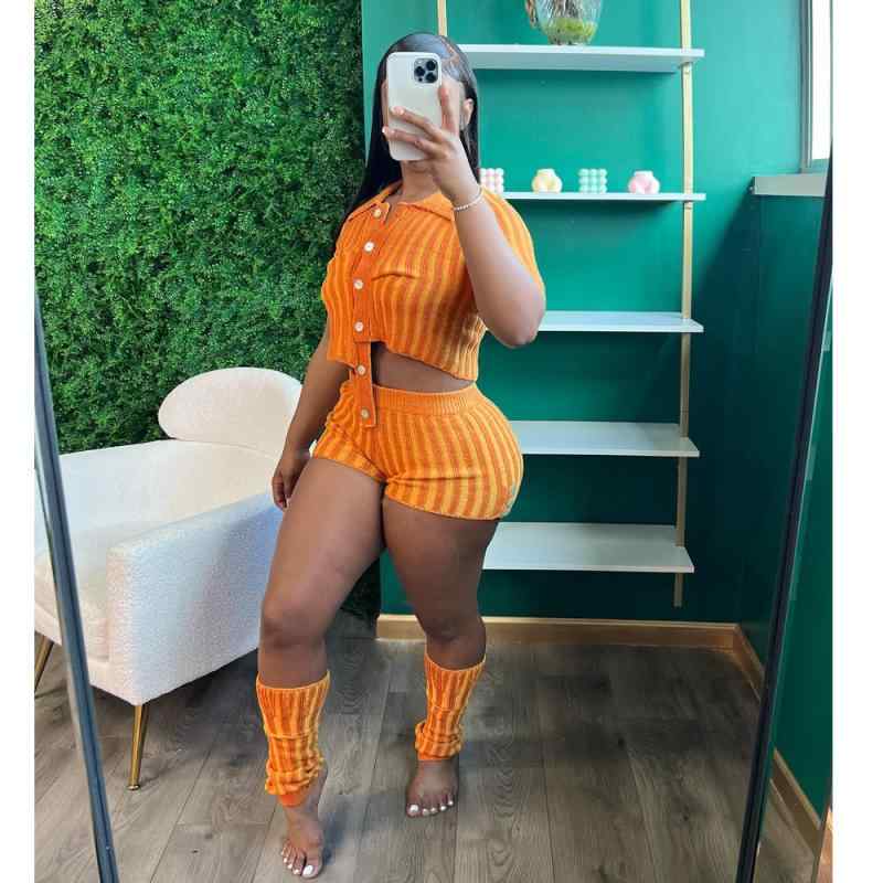 セットアップ レディース 欧米風 ファッション シングルブレスト デザイン ストライプ ニット 長袖 ショートパンツ 2点セット ポリエステル素材 カジュアルスタイル