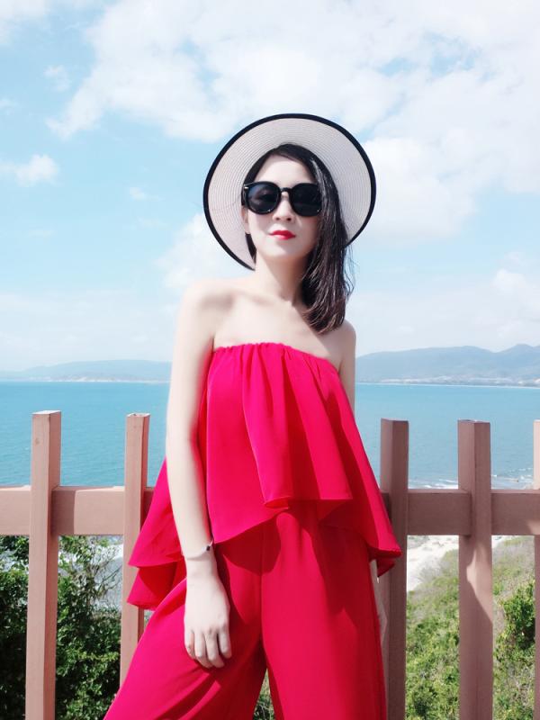 オールインワン 親子 母娘 レディース 夏 リゾート ベアトップ アシンメトリー フリル ワイドパンツ ポリエステル ワインレッド 柔らか素材 無地 カジュアル 旅行 デイリーユース