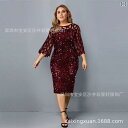 ワンピース レディース 大きいサイズ セクシー 個性的 スパンコール デザイン タイト ミディ丈 ラウンドネック フリル袖 七分袖 ポリエステル ストリートファ...