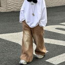 キッズ 男の子 デニムパンツ ダークブラウン 綿混 ソフト加工 ウエストゴム ゆったり ストレート ワイドシルエット 着回し 春秋 カジュアル