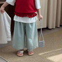 キッズ ガールズ デニムパンツ ワイドパンツ 長ズボン 綿 薄手 砂洗い加工 ヴィンテージ加工 淡色 ウォッシュ加工 ウエストゴム 春 夏 通学 普段使い カジュアルスタイル