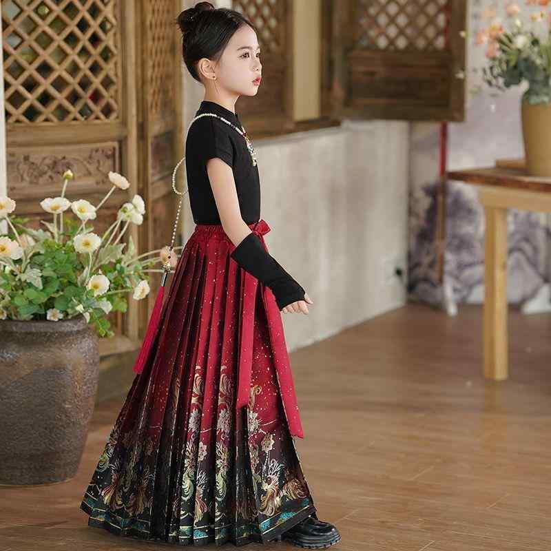 漢服 親子服 女の子 女児 母娘 馬面裙 グラデーションカラー ロングスカート Tシャツ セットアップ 中国風 古風衣装 唐装 キッズコーデ カジュアル 普段使い