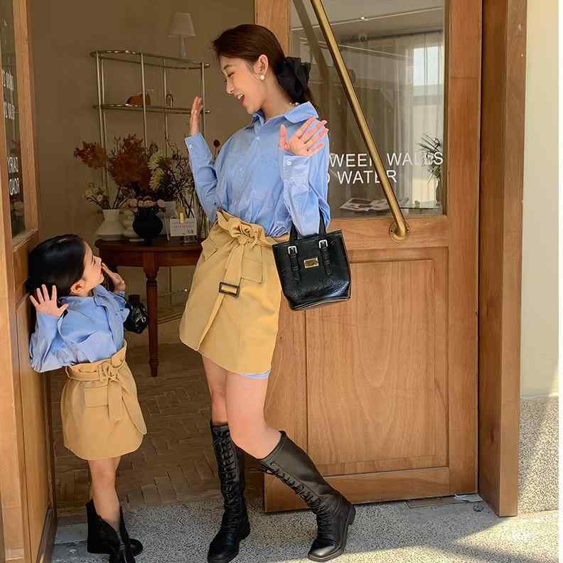 親子セットアップ レディース キッズ 母娘 春秋 韓国風 シンプル 着回し ミディ丈シャツ ブラウス ハイウエストスカート ボトムス 綿 コットン 柔らかい肌触り ブルー系