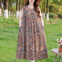 ワンピース レディース ママ ミセス 夏 ノースリーブ ゆったり 大きいサイズ プラスサイズ ロング丈 マキシ丈 ラウンドネック 再生繊維 花柄 Aライン フレアスカート エスニック レトロ