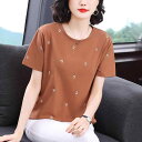 Tシャツ レディース ママ ミセス 綿 コットン 半袖 ゆったり 体型カバー ラウンドネック クルーネック 花柄 フラワー カジュアル 普段使い デイリーユース 着回し プルオーバー トップス