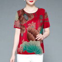 Tシャツ レディース ママ 半袖 夏物 接触冷感 ゆったり ルーズフィット プリント 花柄 植物柄 上品 おしゃれ ポリエステル 伸縮性 ラウンドネック レッド系 シニア ミドルエイジ 体型カバー 普段使い お出かけ カジュアル|詳細画像