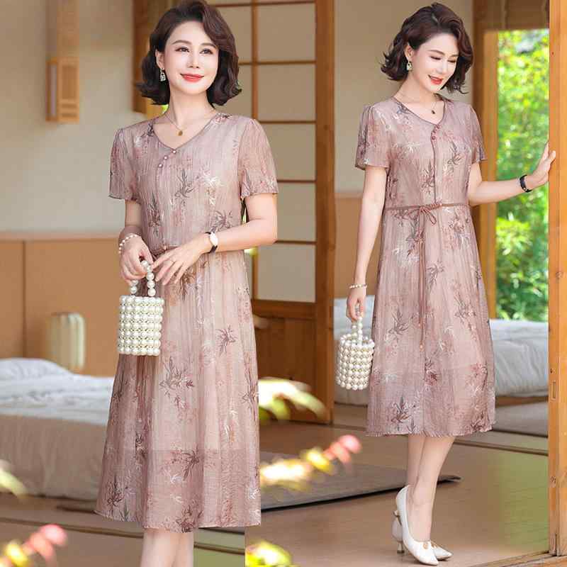 ワンピース レディース ミセス 夏服 ゆったり 体型カバー 薄手 軽量 ポリエステル Vネック 半袖 Aライン 総柄 エスニックデザイン カジュアル