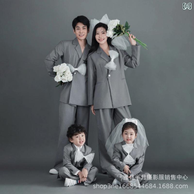 親子スーツ 家族写真 記念撮影 フォーマル セレモニー フォトスタジオ衣装 高級感 グレー ゆったり リラックス ポリエステル カジュアル おしゃれ 男女兼用