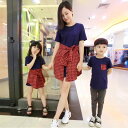 ワンピース レディース キッズ 親子ペア 韓国風 カジュアル 夏物 フェイクツーピース 重ね着風 ドッキング チェック柄 綿混素材 柔らかい肌触り 快適な着心地 デイリーユース お出かけ