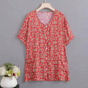 Tシャツ レディース ミセス ママ服 半袖 トップス ゆったり ルーズフィット 大きいサイズ Uネック カーディガン風 羽織り 春 夏 秋 ポリエステル 再生繊維 プリント 花柄 ドット柄 総柄 普段使い カジュアル リラックスウェア 快適な着心地