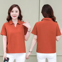Tシャツ レディース 婦人服 ママ服 中年女性向け 綿 コットン ストレッチ 伸縮性 半袖 襟付き ポロシャツ風 ゆったり 大きいサイズ 体型カバー 無地 夏 日韓カジュアル