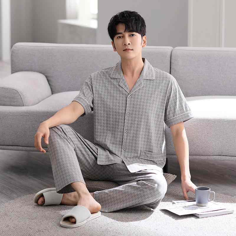パジャマ 紳士 メンズ お父さん 半袖 ロングパンツ 綿100% 薄手 夏用 チェック柄 前開き 襟付き 通気性 快適 カジュアル リラックス ルームウェア セットアップ