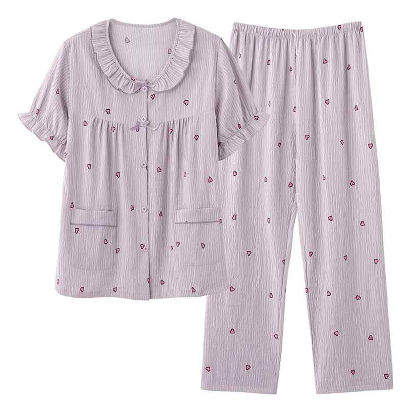 パジャマ レディース ミセス クラウドコットン調 ポリエステル素材 夏用 半袖 ロングパンツ 薄手 ラウンドネック 前開き ゆったり 大きいサイズ リラックス 部屋着 ルームウェア 快適 上下セット