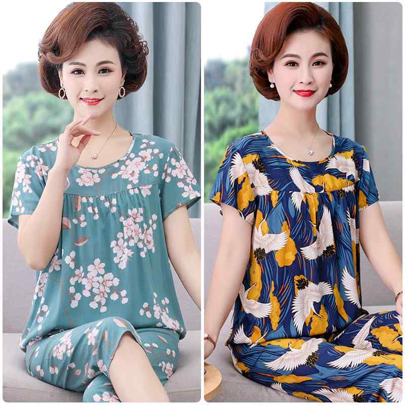 ルームウェア ミセス 婦人 半袖 クルーネック トップス 7分丈パンツ 上下セット 再生繊維 ポリエステル混 薄手 接触冷感 吸湿速乾 ゆったり 部屋着 プリント柄