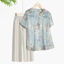 ブラウス レディース 半袖 接触冷感 夏用 薄手 軽量 ゆったり 丸首 涼しい 女性 シニア お母さん 伸縮性 カジュアル 普段使い 2点セット セットアップ